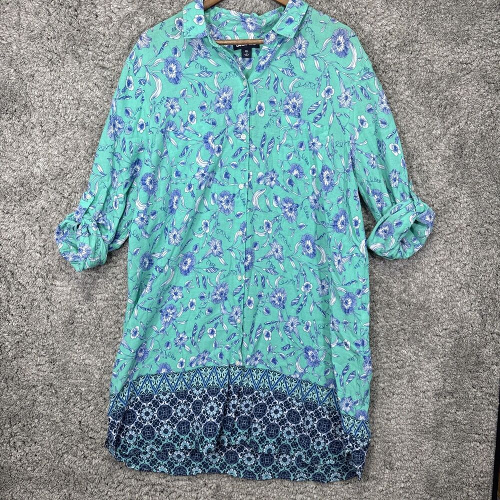 Lands End Women’s Floral Shirt Dress XL Turquoise Roll Tab Sleeve Lightweight